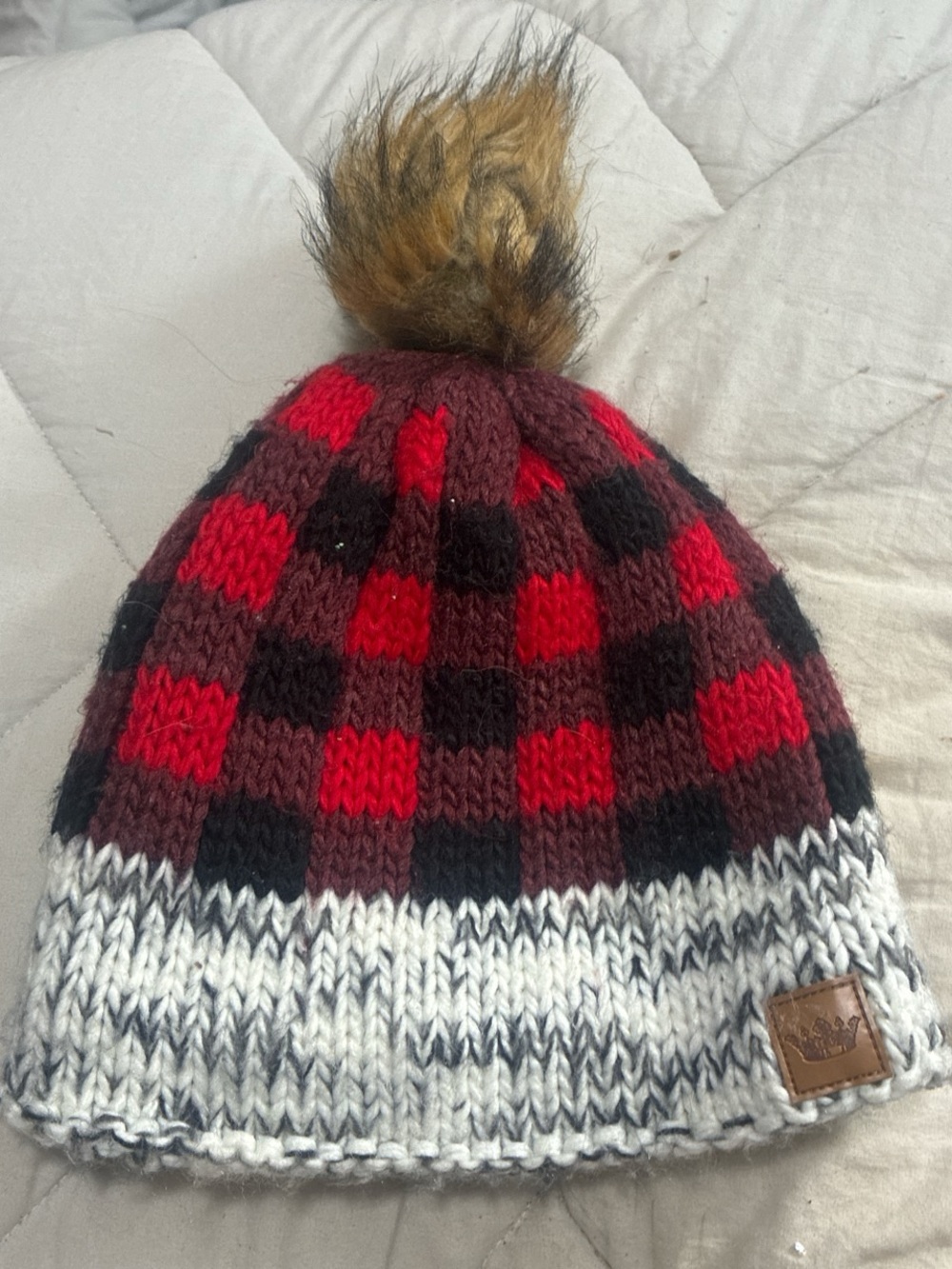Plaid Pom Beanie Hat - Red & Black with Cream Cuff